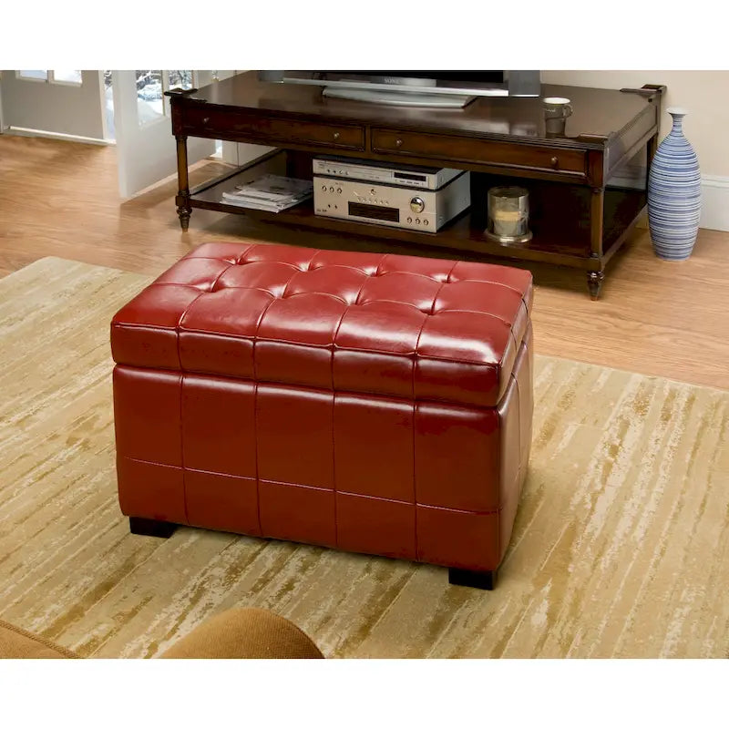 Banc de rangement en similicuir rouge, capitonné, avec couvercle relevable et pieds en bois noir