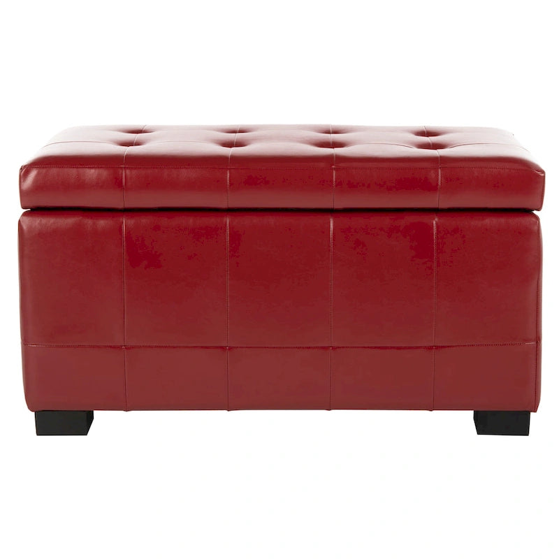 Banc de rangement en similicuir rouge, capitonné, avec couvercle relevable et pieds en bois noir