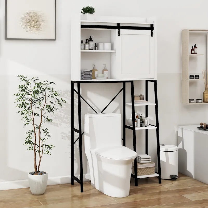 Meuble de rangement de style ferme blanc et noir à placer au-dessus des toilettes avec porte coulissante de grange, étagère réglable, 3 étagères ouvertes