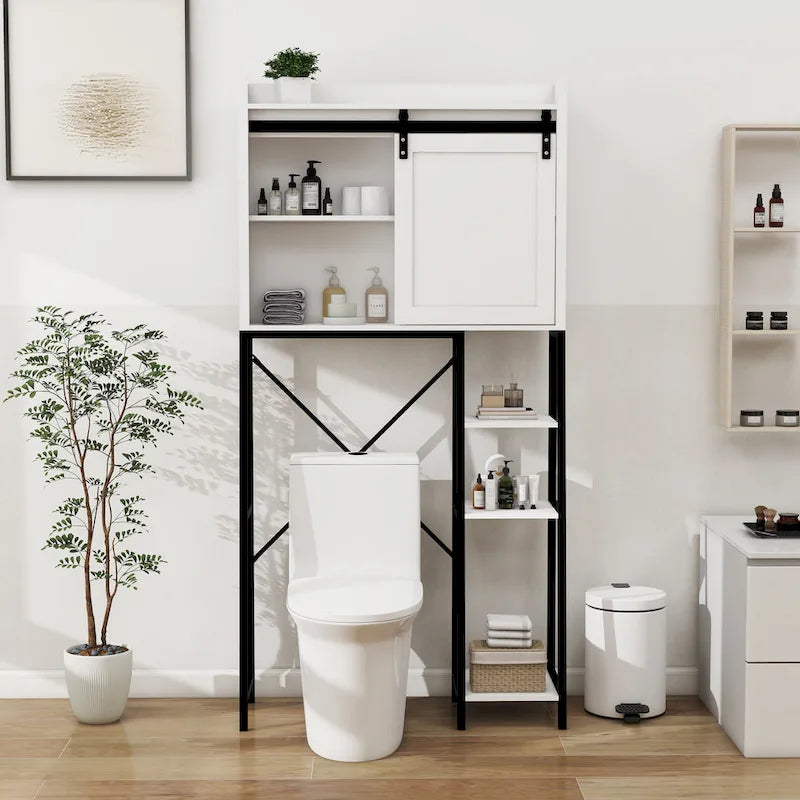 Meuble de rangement de style ferme blanc et noir à placer au-dessus des toilettes avec porte coulissante de grange, étagère réglable, 3 étagères ouvertes