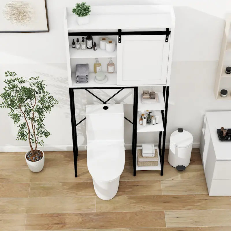 Meuble de rangement de style ferme blanc et noir à placer au-dessus des toilettes avec porte coulissante de grange, étagère réglable, 3 étagères ouvertes