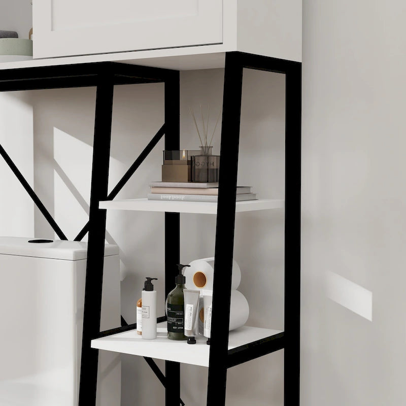 Meuble de rangement de style ferme blanc et noir à placer au-dessus des toilettes avec porte coulissante de grange, étagère réglable, 3 étagères ouvertes