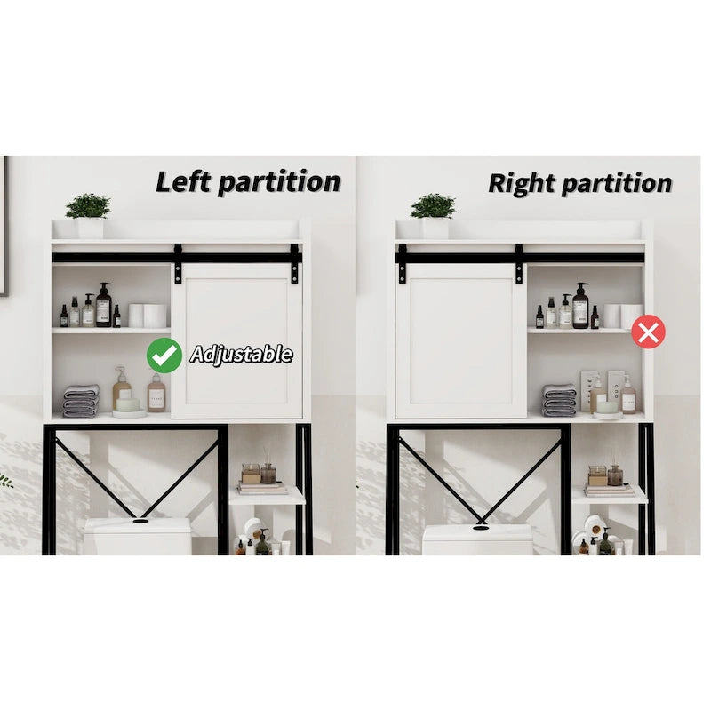 Meuble de rangement de style ferme blanc et noir à placer au-dessus des toilettes avec porte coulissante de grange, étagère réglable, 3 étagères ouvertes