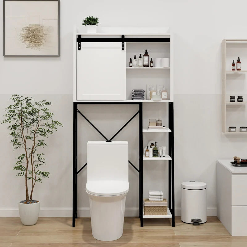 Meuble de rangement de style ferme blanc et noir à placer au-dessus des toilettes avec porte coulissante de grange, étagère réglable, 3 étagères ouvertes
