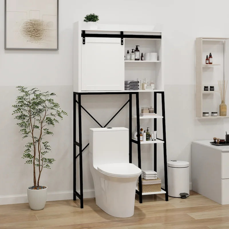 Meuble de rangement de style ferme blanc et noir à placer au-dessus des toilettes avec porte coulissante de grange, étagère réglable, 3 étagères ouvertes