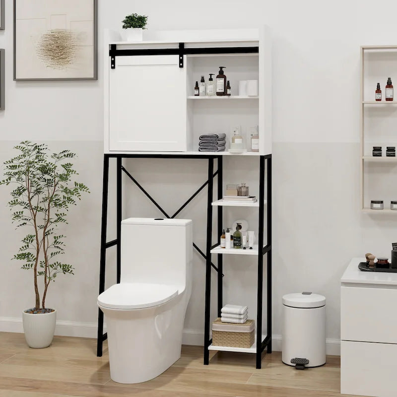 Meuble de rangement de style ferme blanc et noir à placer au-dessus des toilettes avec porte coulissante de grange, étagère réglable, 3 étagères ouvertes