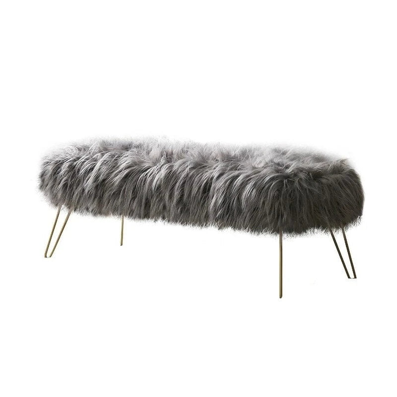 Banc ottoman en fausse fourrure blanche à poils longs, coussin épais, pieds épingles en métal doré