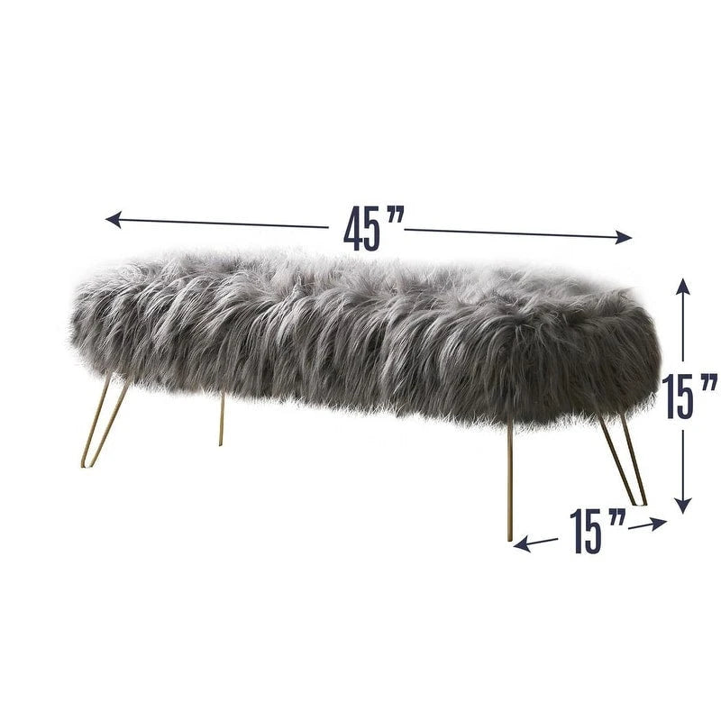Banc ottoman en fausse fourrure blanche à poils longs, coussin épais, pieds épingles en métal doré