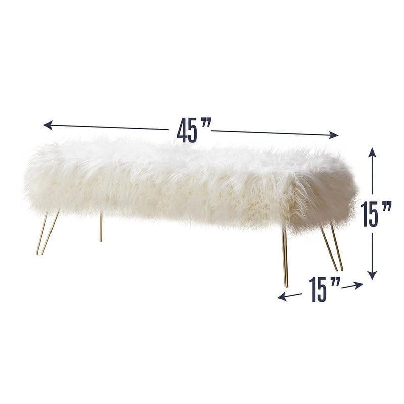 Banc ottoman en fausse fourrure blanche à poils longs, coussin épais, pieds épingles en métal doré