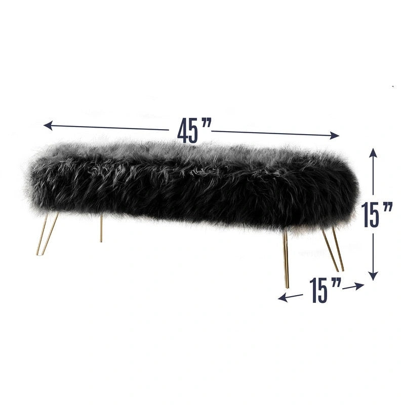 Banc ottoman en fausse fourrure blanche à poils longs, coussin épais, pieds épingles en métal doré
