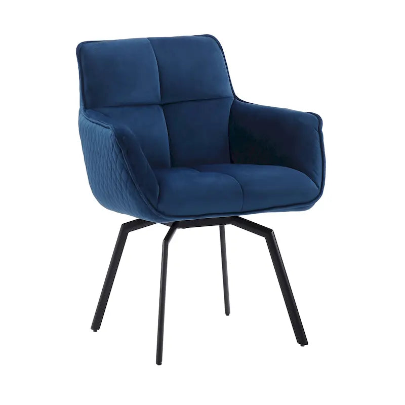 Fauteuil d'appoint pivotant en velours bleu, dossier matelassé quadrillé, pieds en métal résistant à la rouille