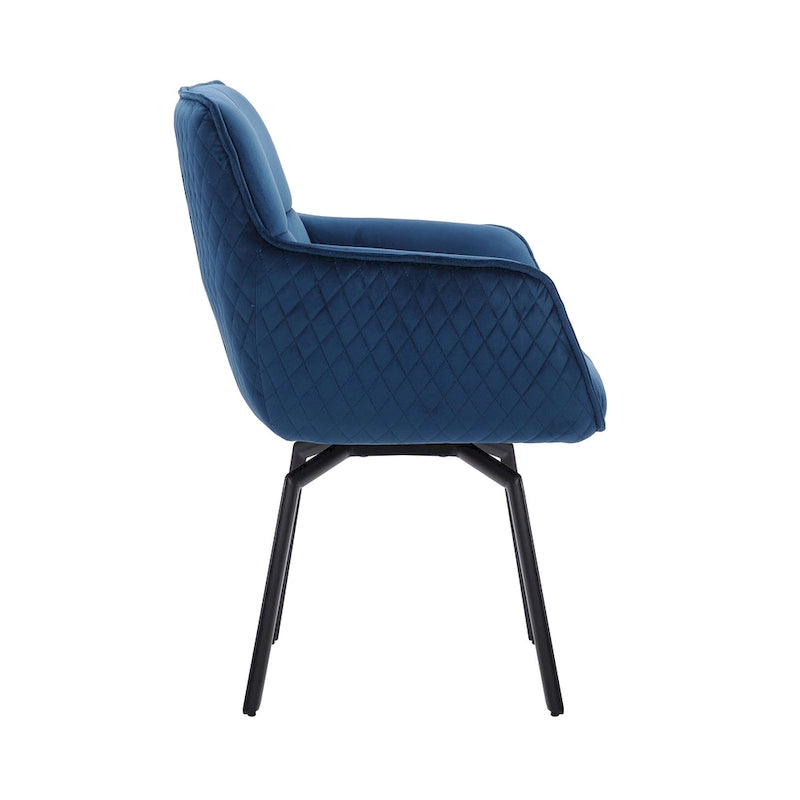 Fauteuil d'appoint pivotant en velours bleu, dossier matelassé quadrillé, pieds en métal résistant à la rouille