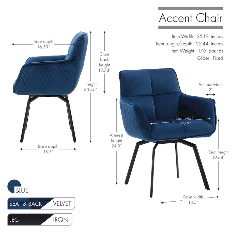 Fauteuil d'appoint pivotant en velours bleu, dossier matelassé quadrillé, pieds en métal résistant à la rouille