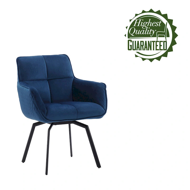 Fauteuil d'appoint pivotant en velours bleu, dossier matelassé quadrillé, pieds en métal résistant à la rouille