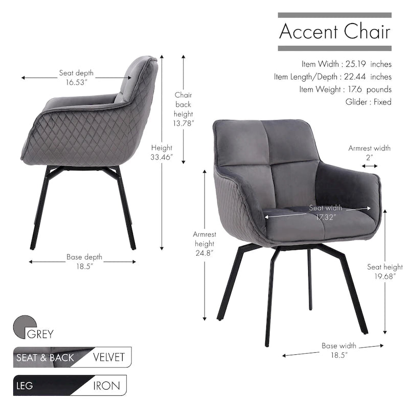 Fauteuil d'appoint pivotant en velours bleu, dossier matelassé quadrillé, pieds en métal résistant à la rouille
