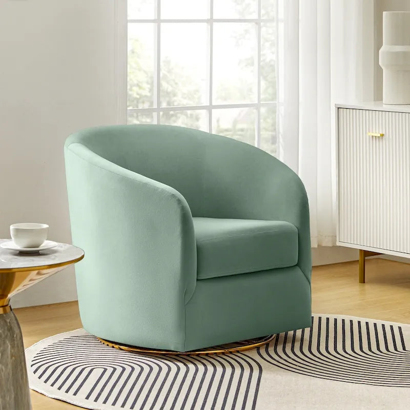 Fauteuil pivotant rond en velours sauge avec base en métal doré et mousse à ressorts en S