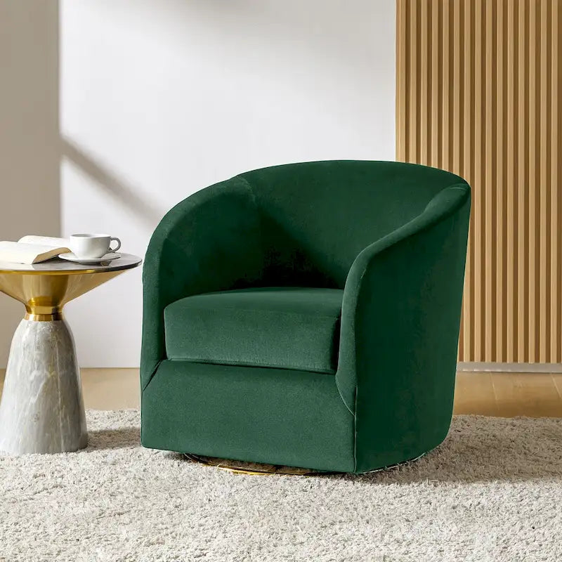 Fauteuil pivotant rond en velours sauge avec base en métal doré et mousse à ressorts en S