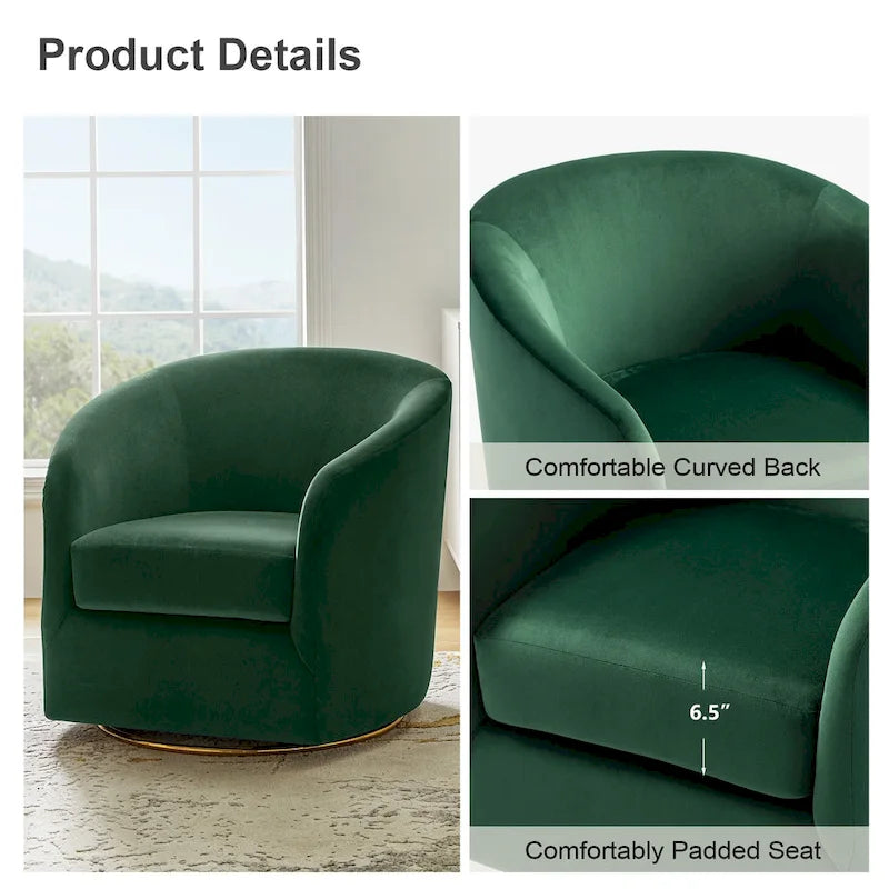 Fauteuil pivotant rond en velours sauge avec base en métal doré et mousse à ressorts en S