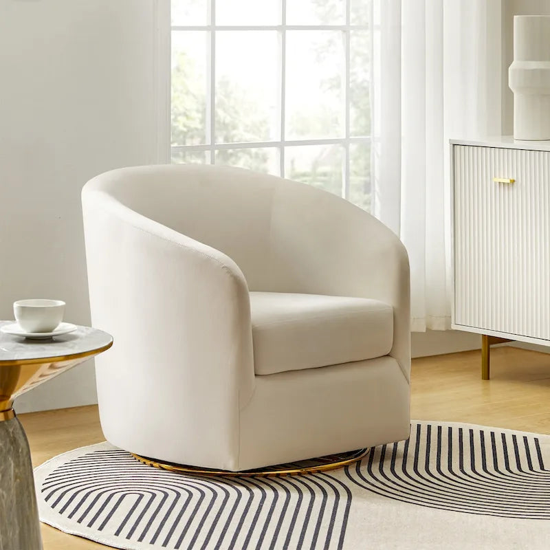 Fauteuil pivotant rond en velours sauge avec base en métal doré et mousse à ressorts en S