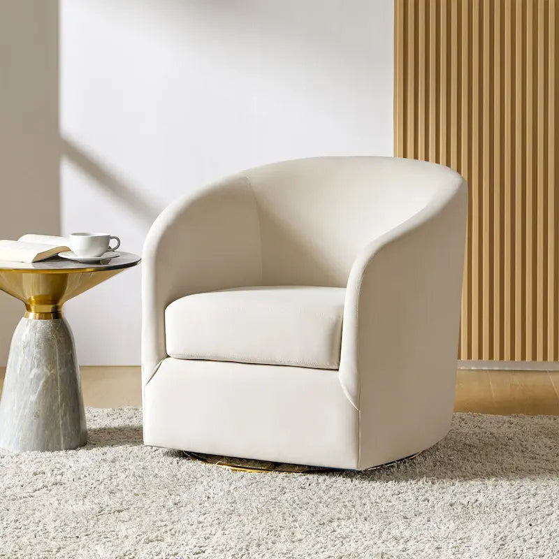 Fauteuil pivotant rond en velours sauge avec base en métal doré et mousse à ressorts en S