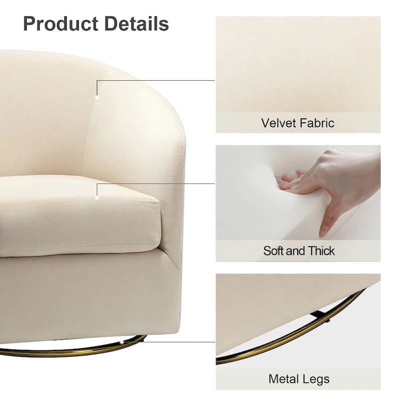 Fauteuil pivotant rond en velours sauge avec base en métal doré et mousse à ressorts en S