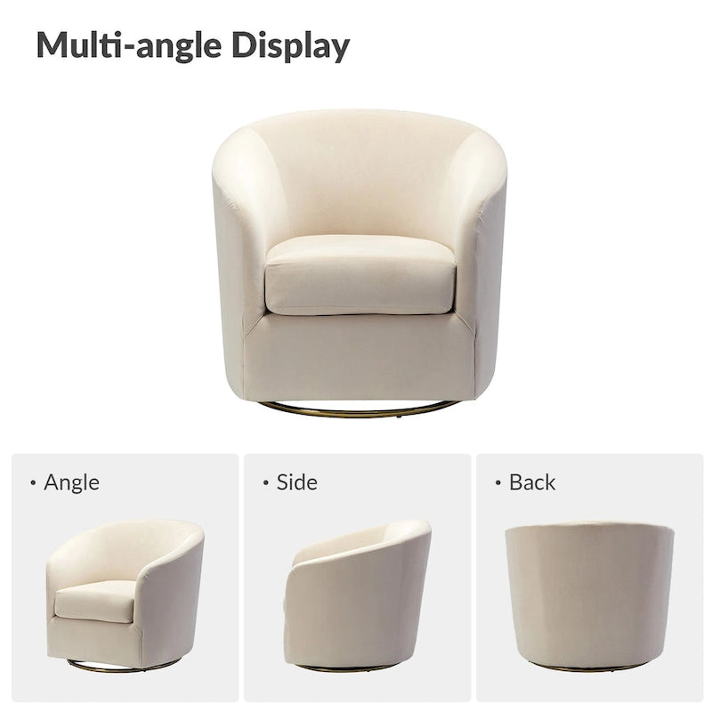 Fauteuil pivotant rond en velours sauge avec base en métal doré et mousse à ressorts en S