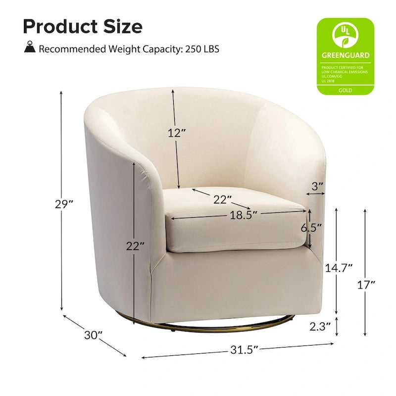 Fauteuil pivotant rond en velours sauge avec base en métal doré et mousse à ressorts en S