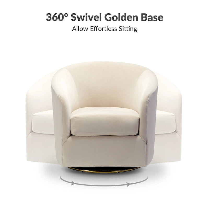 Fauteuil pivotant rond en velours sauge avec base en métal doré et mousse à ressorts en S