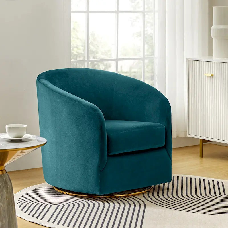 Fauteuil pivotant rond en velours sauge avec base en métal doré et mousse à ressorts en S