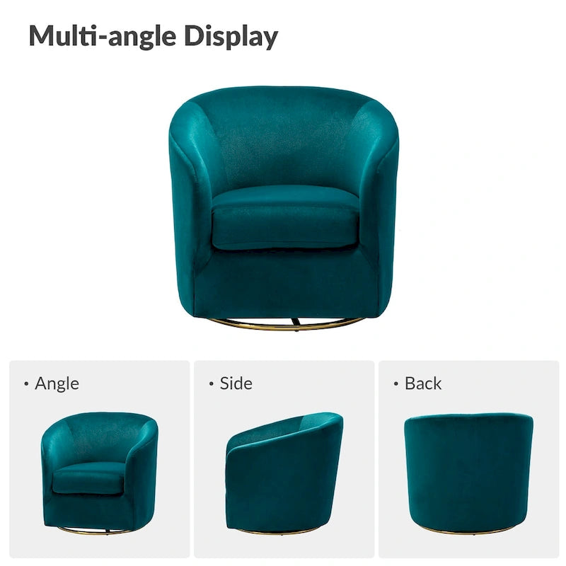 Fauteuil pivotant rond en velours sauge avec base en métal doré et mousse à ressorts en S
