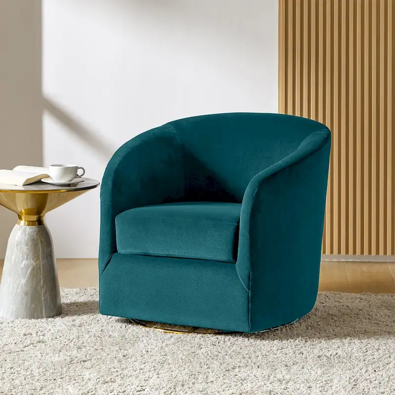 Fauteuil pivotant rond en velours sauge avec base en métal doré et mousse à ressorts en S