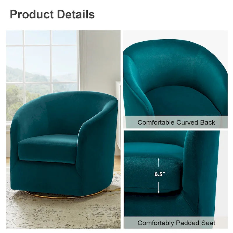Fauteuil pivotant rond en velours sauge avec base en métal doré et mousse à ressorts en S