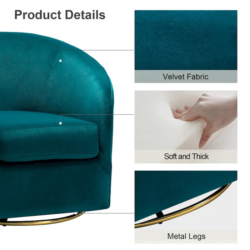 Fauteuil pivotant rond en velours sauge avec base en métal doré et mousse à ressorts en S