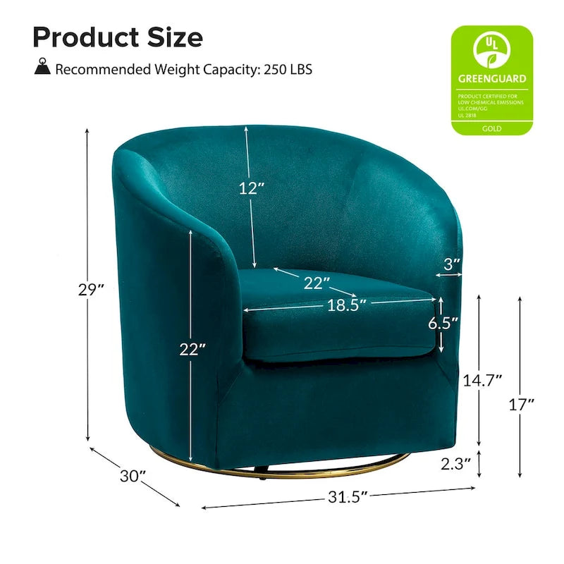 Fauteuil pivotant rond en velours sauge avec base en métal doré et mousse à ressorts en S
