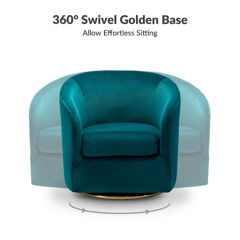 Fauteuil pivotant rond en velours sauge avec base en métal doré et mousse à ressorts en S