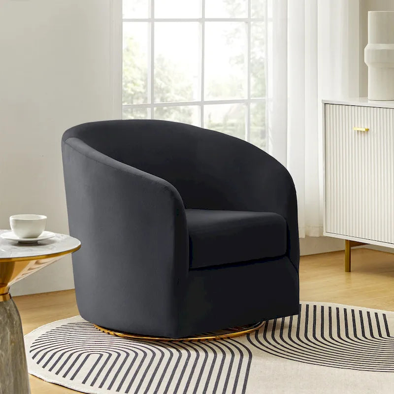 Fauteuil pivotant rond en velours sauge avec base en métal doré et mousse à ressorts en S