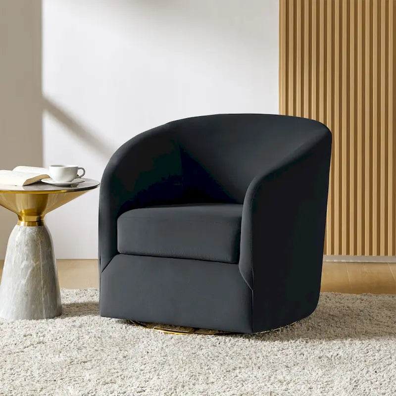 Fauteuil pivotant rond en velours sauge avec base en métal doré et mousse à ressorts en S