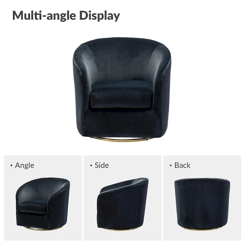 Fauteuil pivotant rond en velours sauge avec base en métal doré et mousse à ressorts en S