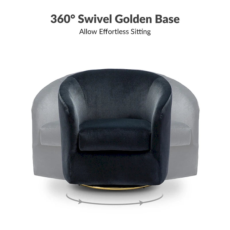 Fauteuil pivotant rond en velours sauge avec base en métal doré et mousse à ressorts en S