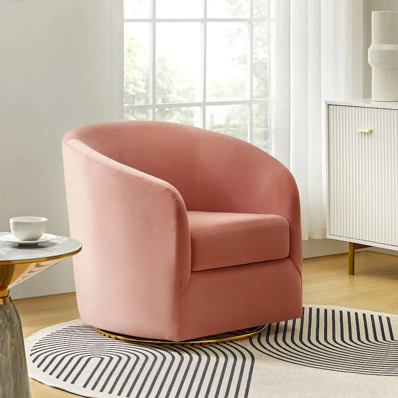Fauteuil pivotant rond en velours sauge avec base en métal doré et mousse à ressorts en S