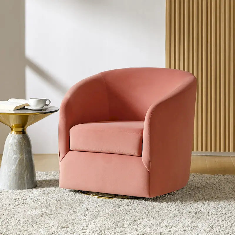 Fauteuil pivotant rond en velours sauge avec base en métal doré et mousse à ressorts en S