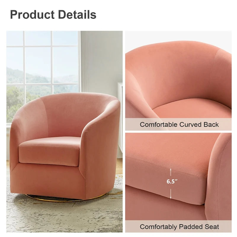 Fauteuil pivotant rond en velours sauge avec base en métal doré et mousse à ressorts en S