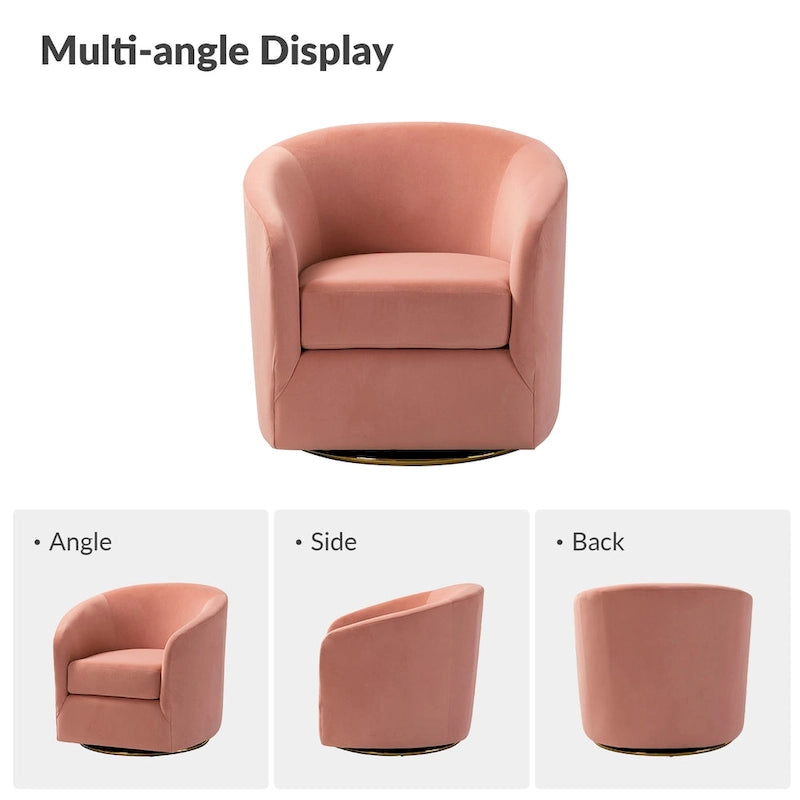 Fauteuil pivotant rond en velours sauge avec base en métal doré et mousse à ressorts en S