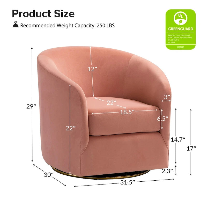 Fauteuil pivotant rond en velours sauge avec base en métal doré et mousse à ressorts en S