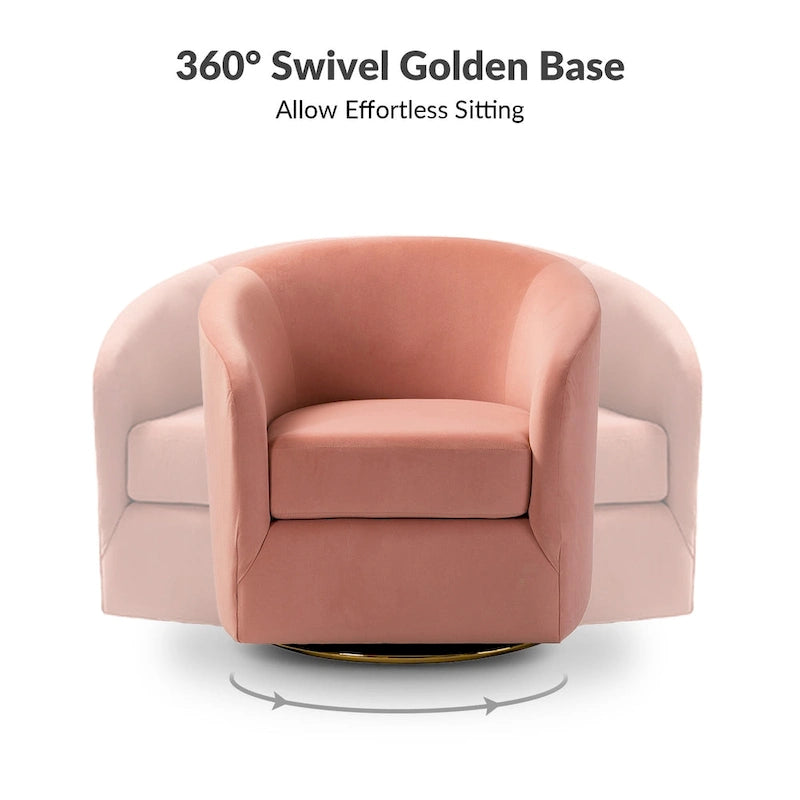 Fauteuil pivotant rond en velours sauge avec base en métal doré et mousse à ressorts en S