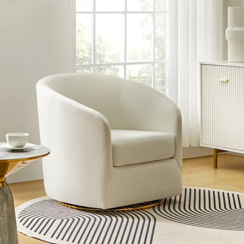 Fauteuil pivotant rond en velours sauge avec base en métal doré et mousse à ressorts en S