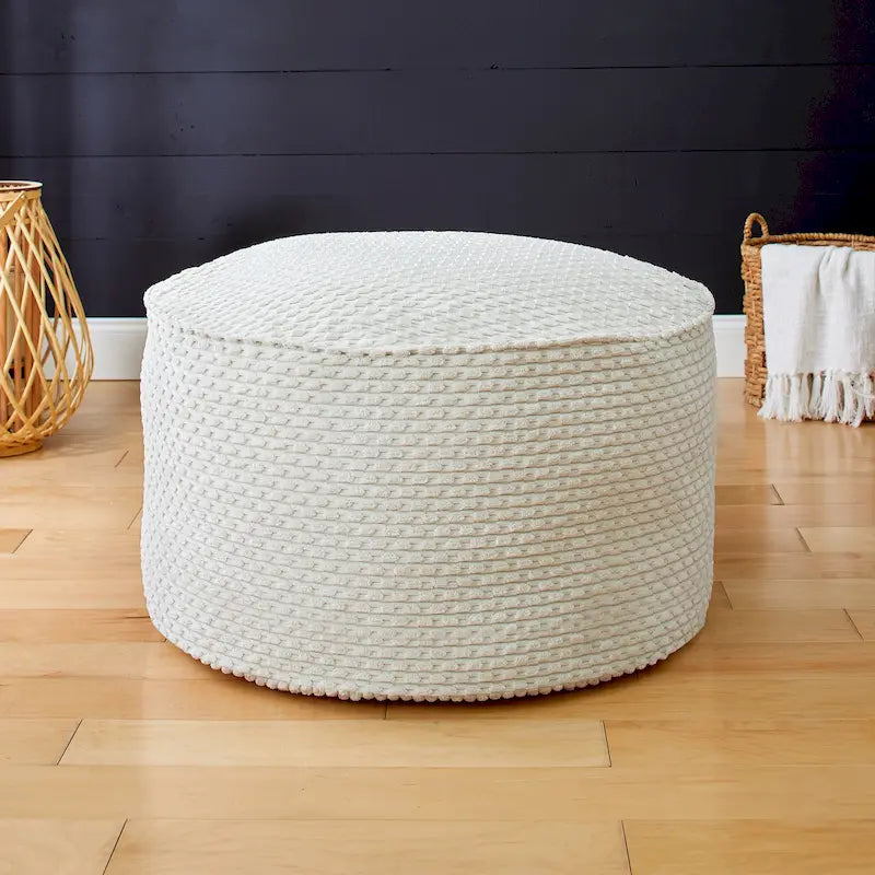 Pouf ottoman rond en tricot épais ivoire, rempli de billes de polystyrène, housse zippée, capacité de 90 kg, fabriqué en Amérique du Nord