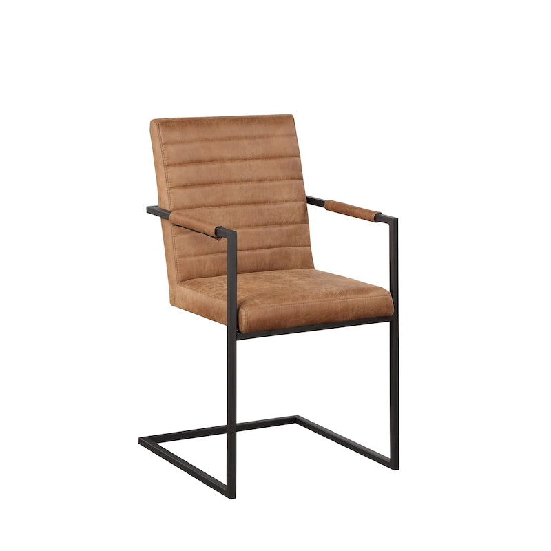 Fauteuil de salle à manger cantilever avec accoudoirs, capitonnage en forme de canal, en similicuir marron, piétement traîneau en acier noir, lot de 2