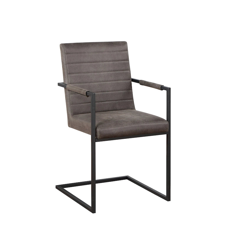Fauteuil de salle à manger cantilever avec accoudoirs, capitonnage en forme de canal, en similicuir marron, piétement traîneau en acier noir, lot de 2