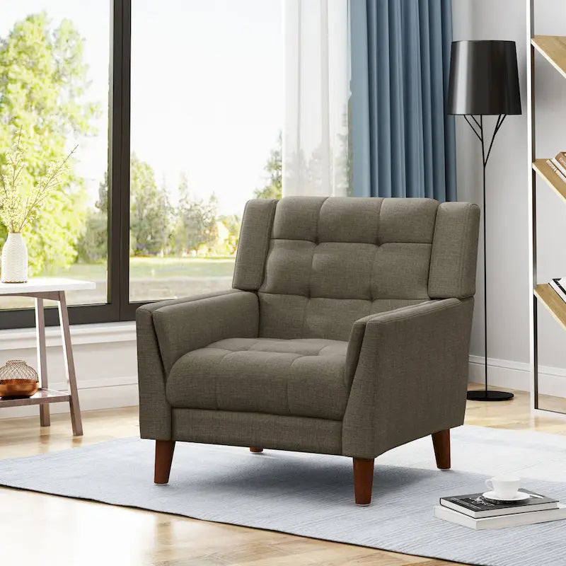 Fauteuil de club gris foncé en polyester, dossier, accoudoirs et assise capitonnés gaufrés, pieds effilés en bois de bouleau noyer, moderne du milieu du siècle
